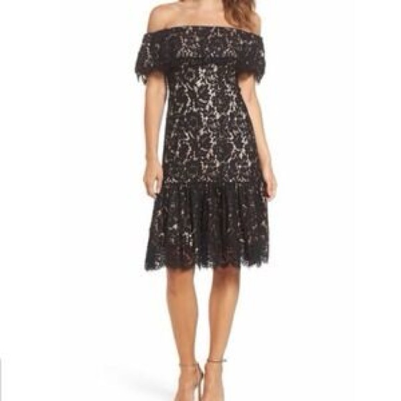 Eliza J- Black and Cream Lace off the Shoulder Dress Size 10 - Picture 1 of 9